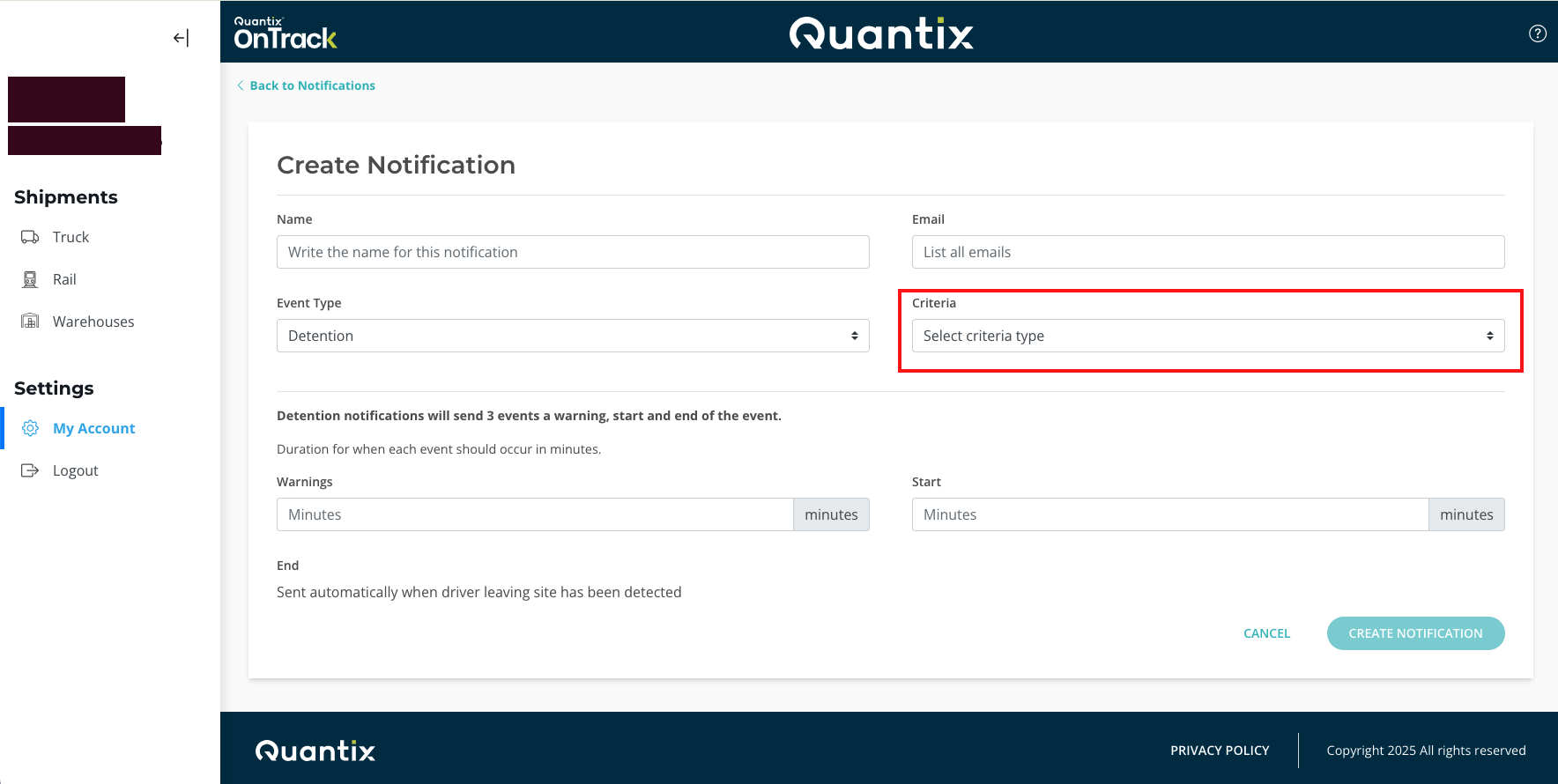 Detention criteria type dropdown