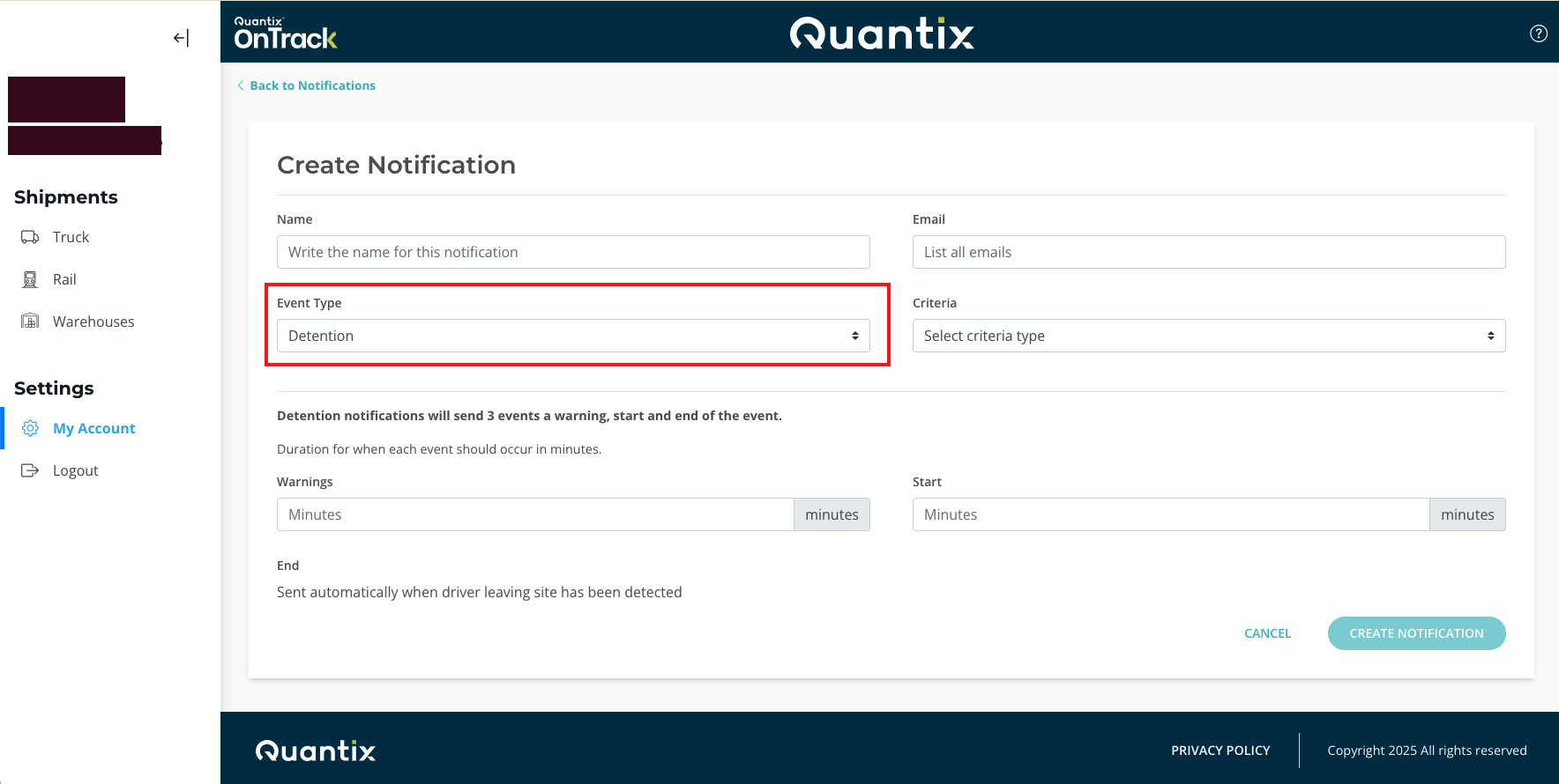 Detention event type selection
