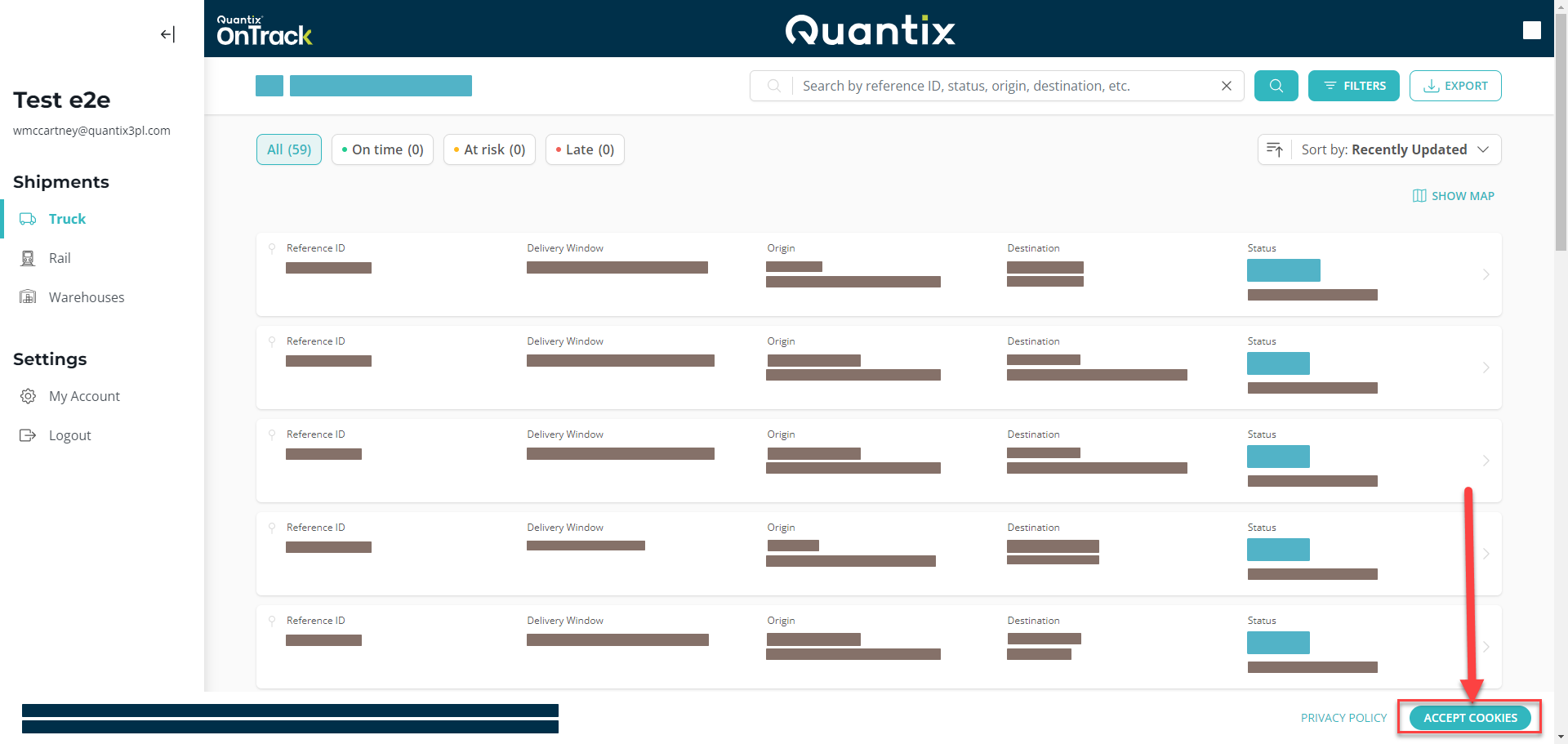 Truck module main screen after login