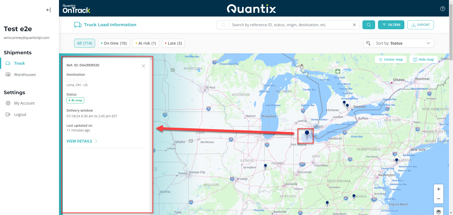 Shipment details card on map