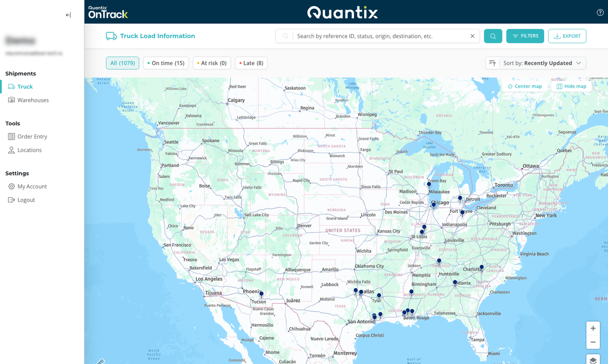 Map view with filtered shipments