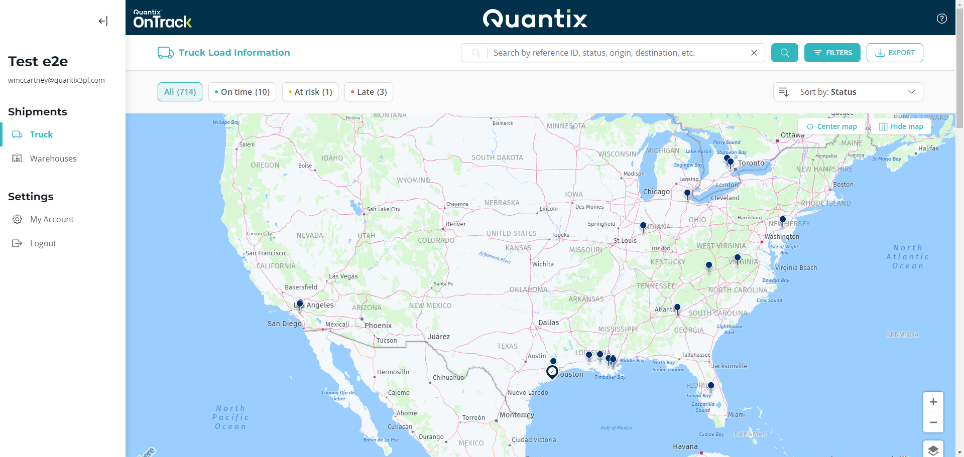 Map view with filtered shipments