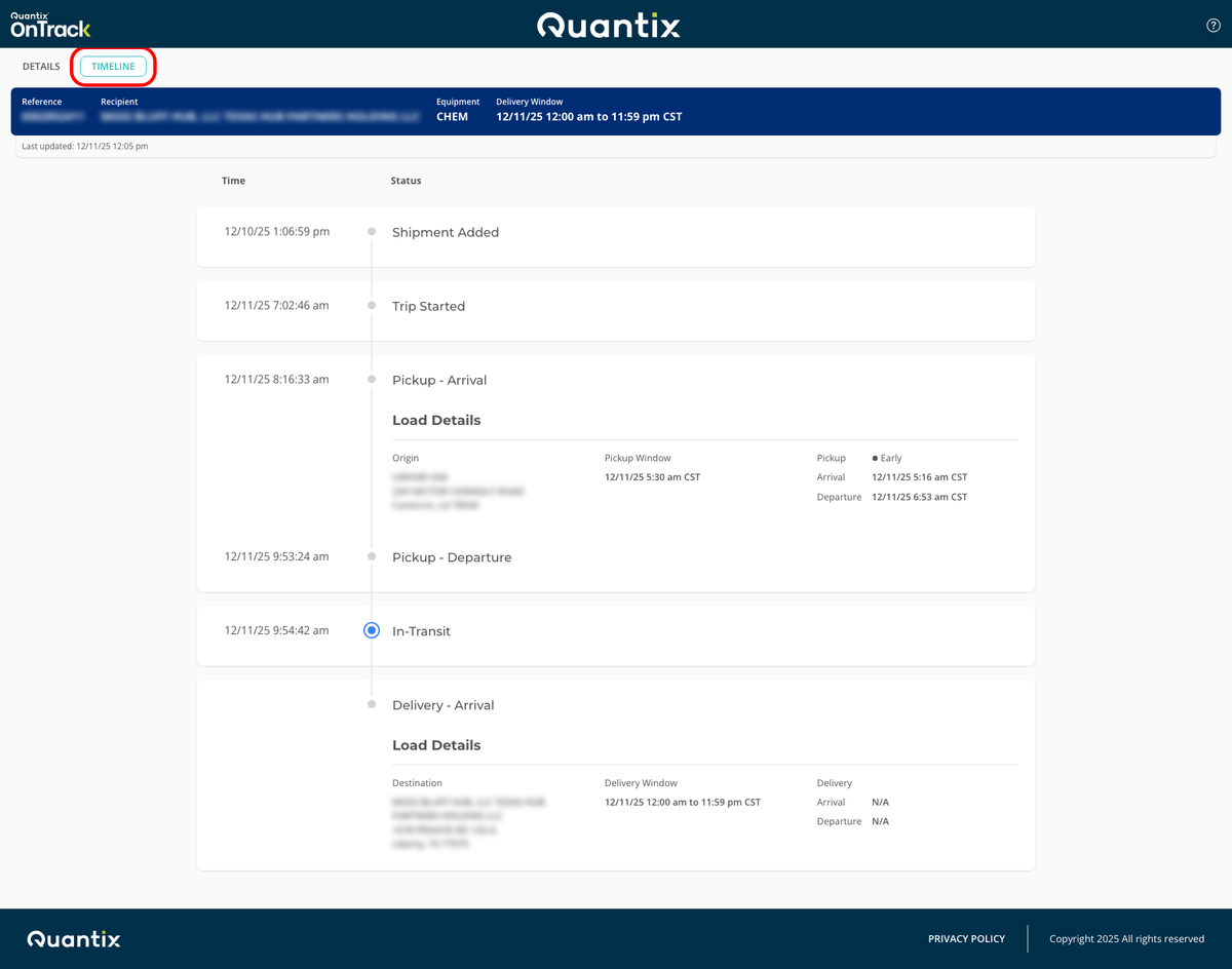 Shipment Details Page TIMELINE tab example