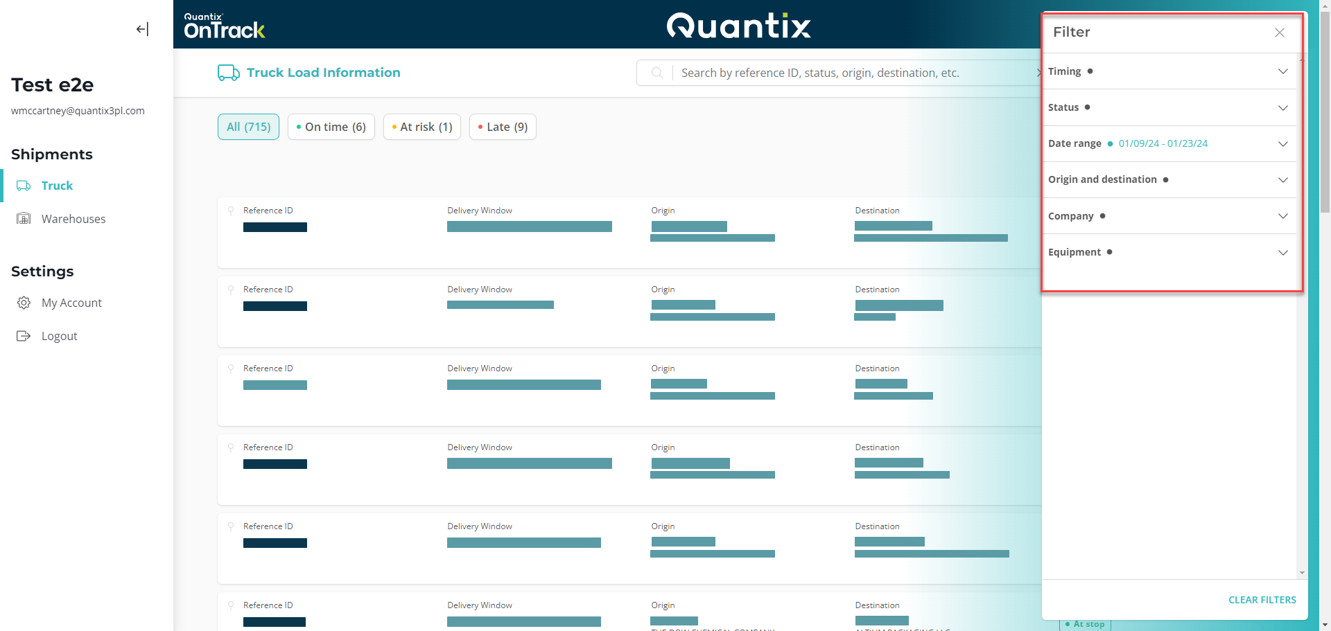 Shipment filtering menu example