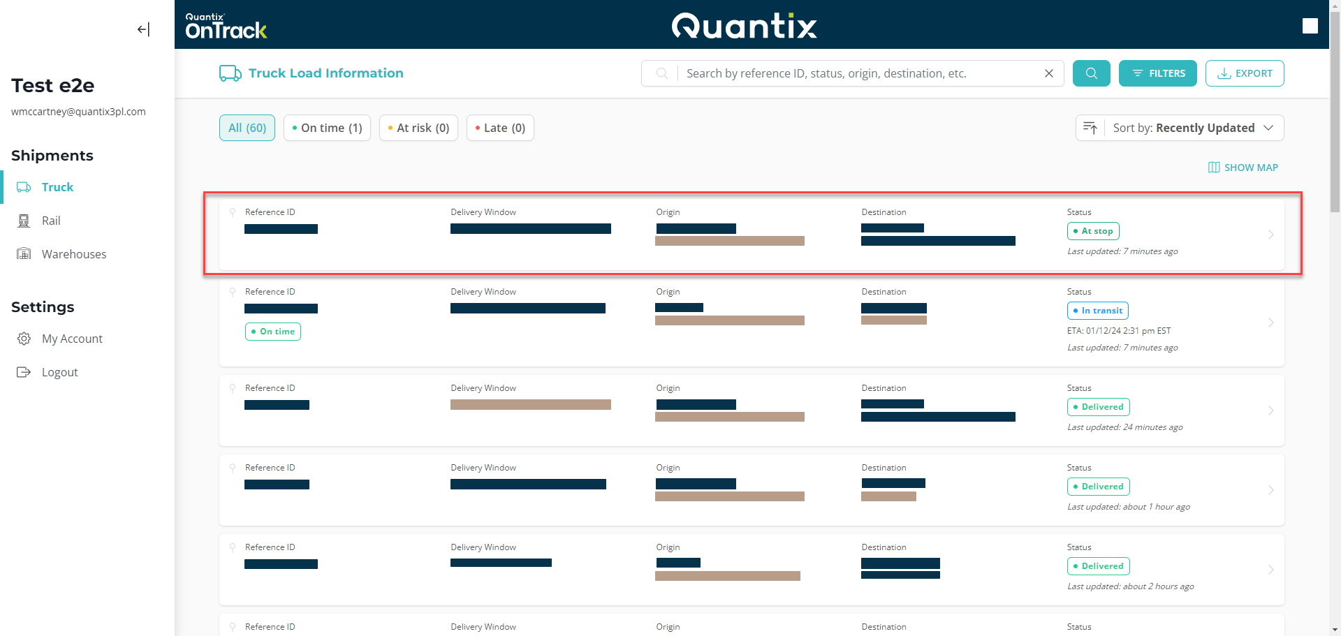Truck module shipment card view