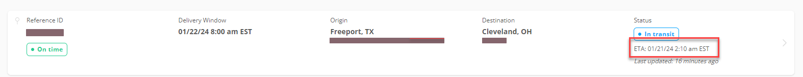 Shipment card ETA example