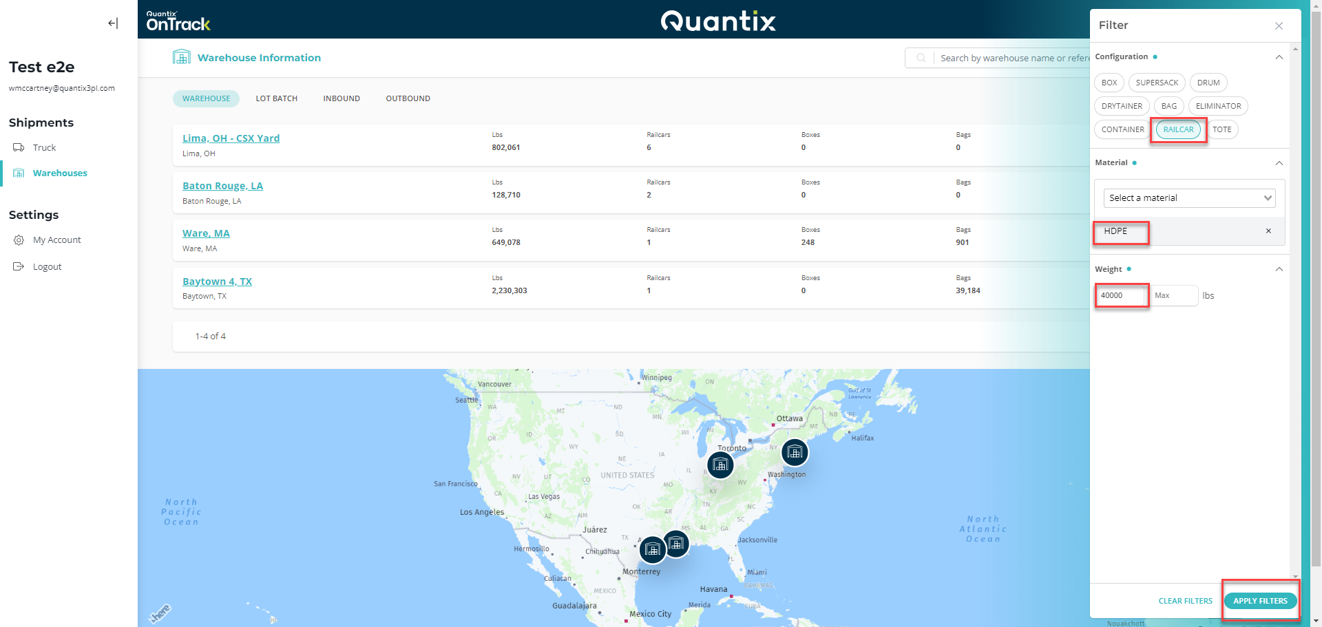 Warehouse filter results example