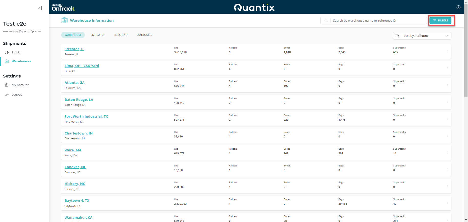 Warehouse filter menu example