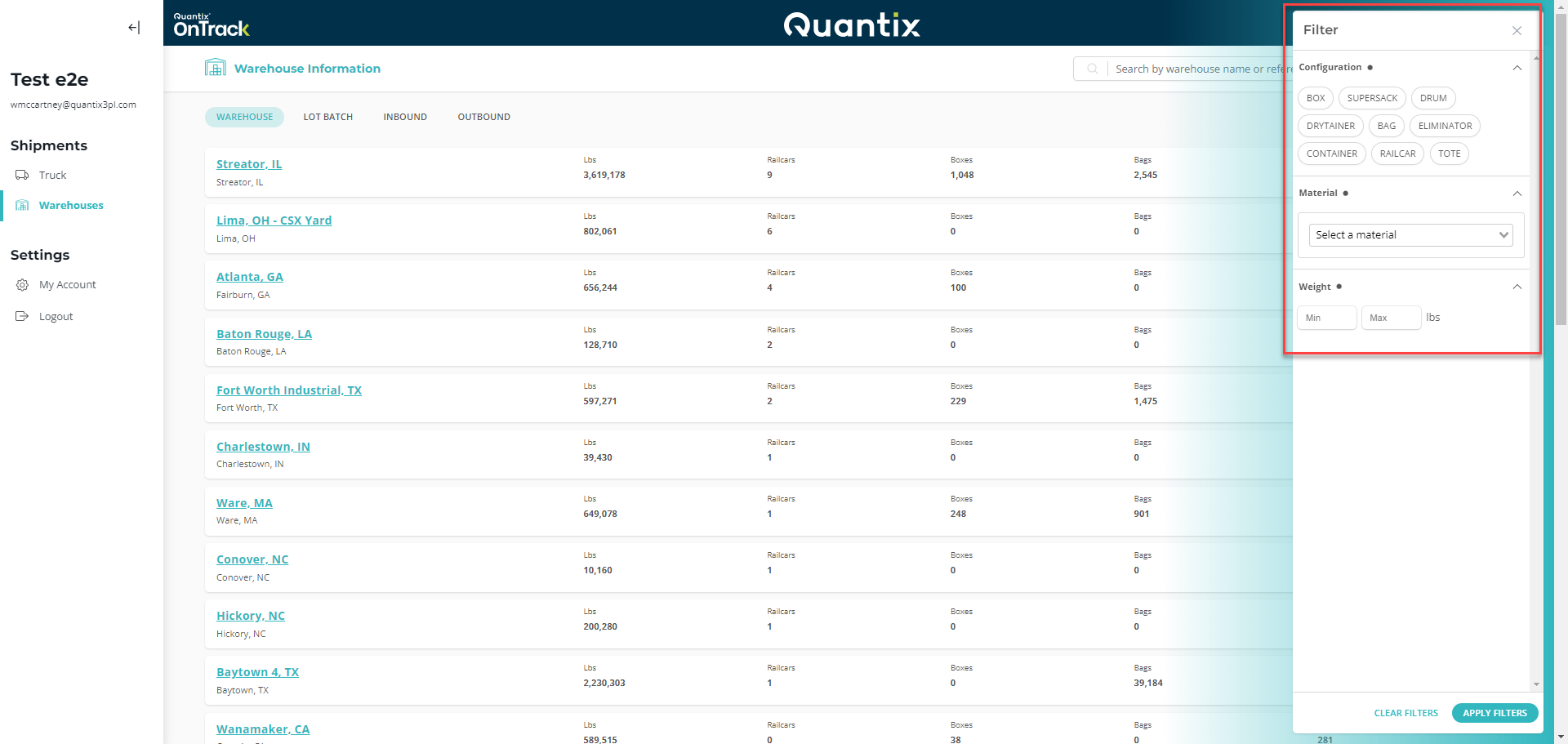Warehouse filter criteria example