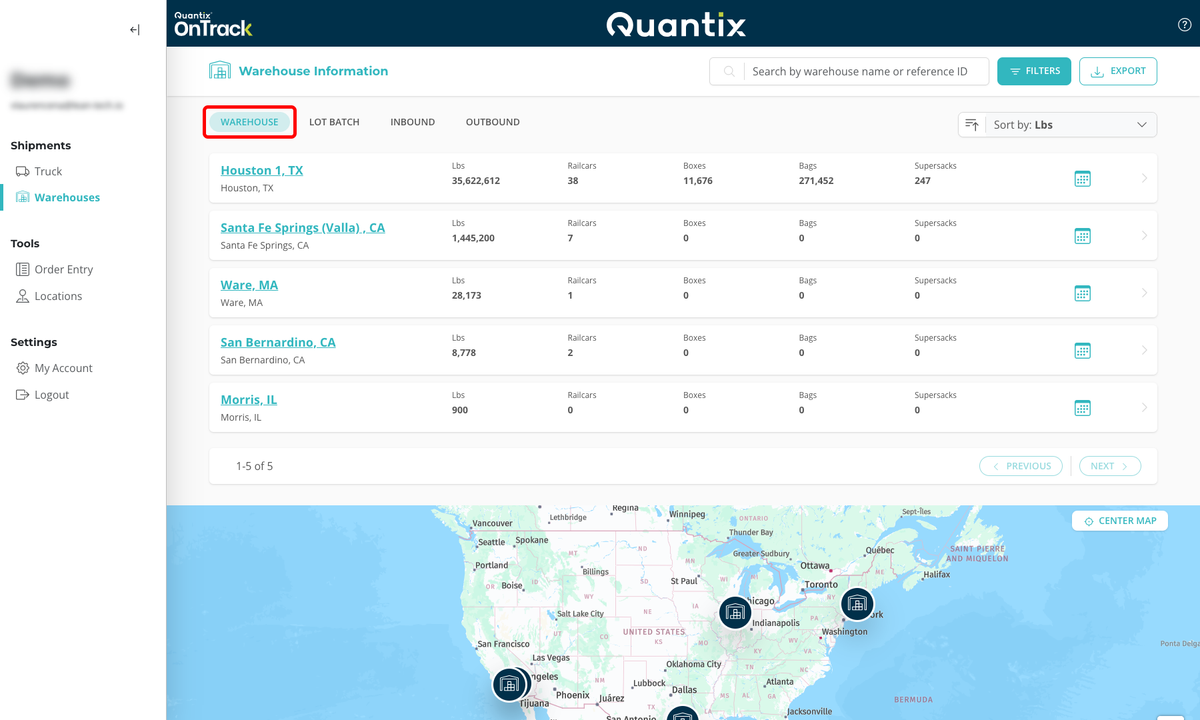 Warehouse tab main page example