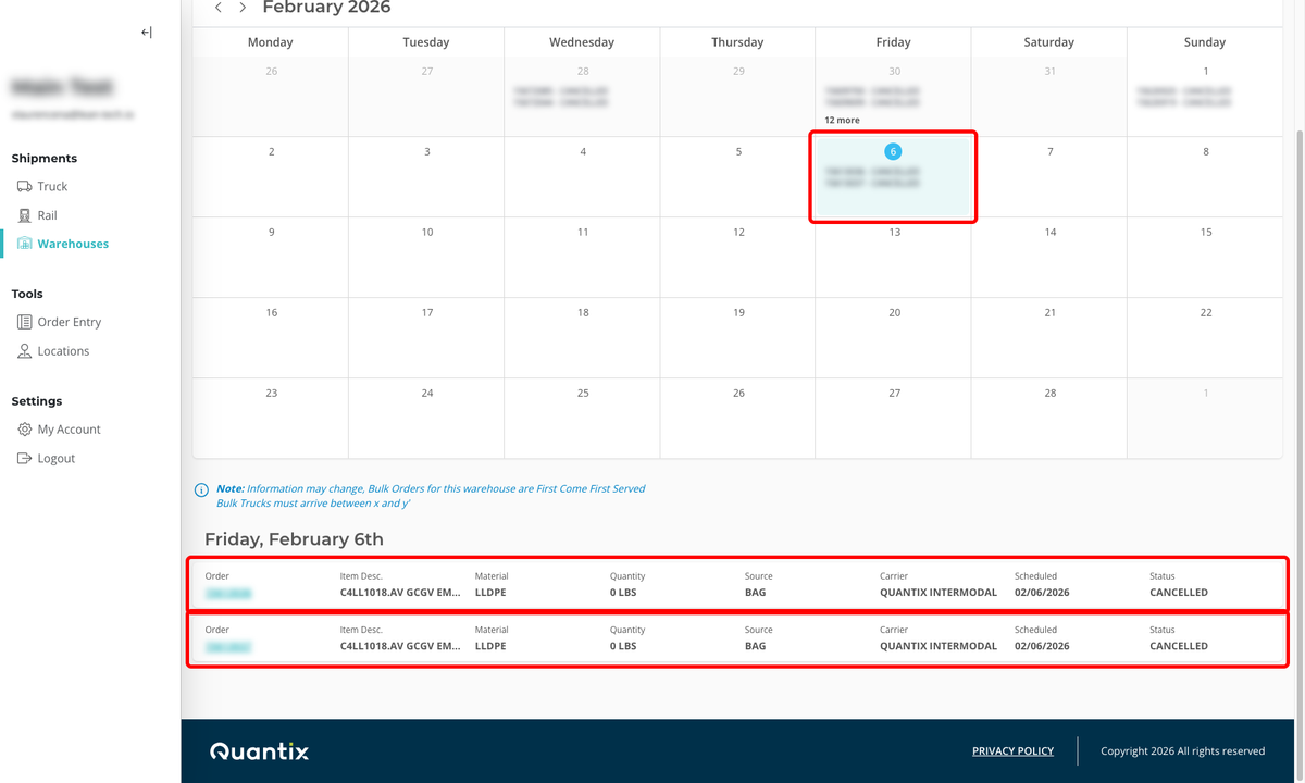 Warehouse Site Page Details Viewing the Order Calendar 2