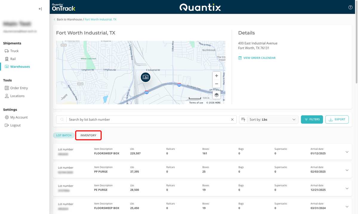 Warehouse inventory tab example